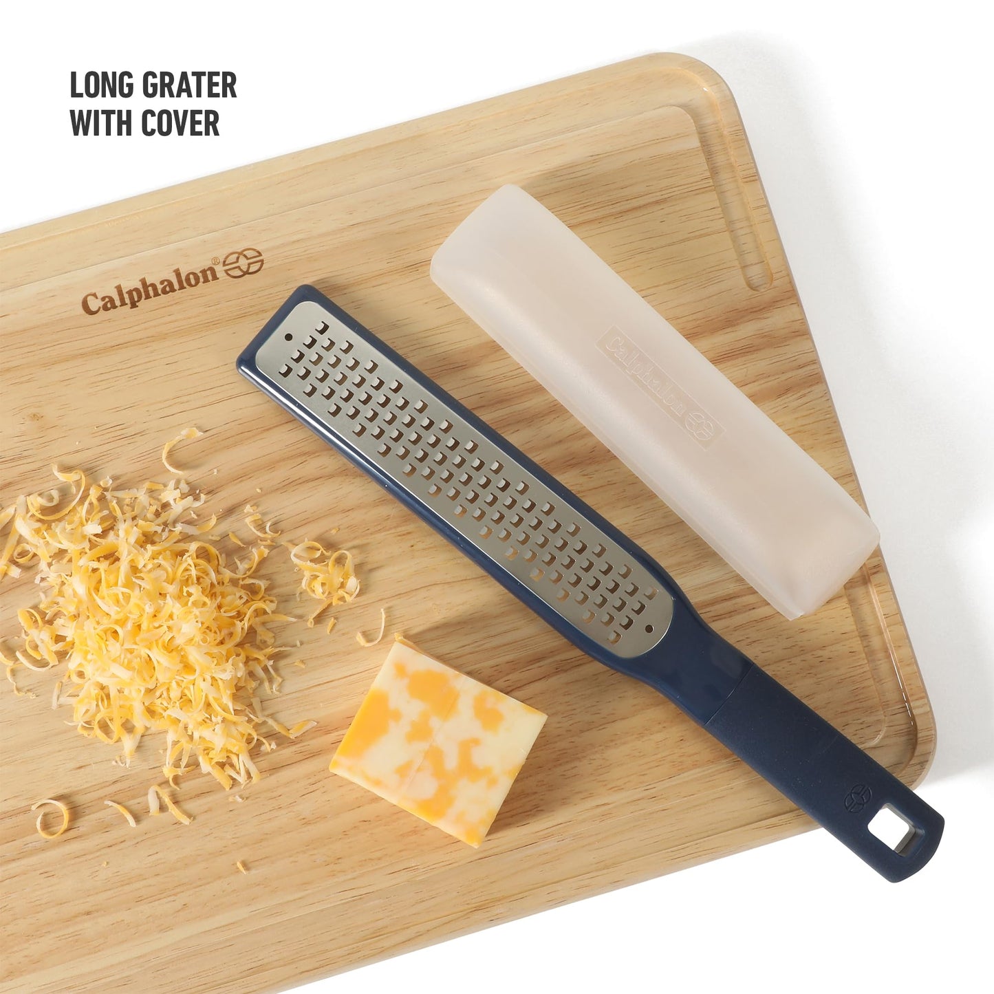 Calphalon Prime Stainless Steel Handheld Grater Lemon Zester W/Cover & Rubber Handle - Navy Blue