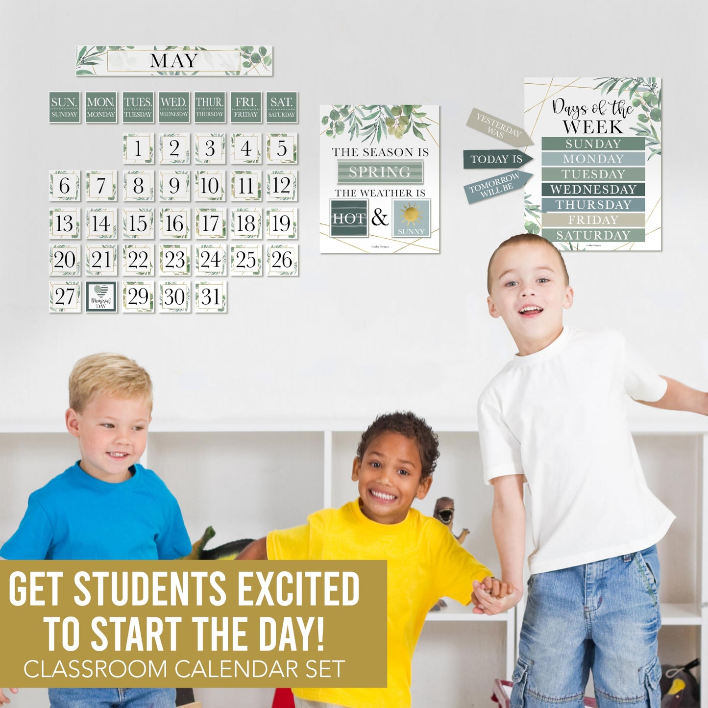 Hadley Designs Classroom Calendar Set Bulletin Board Decorations - Greenery School Calendar for Classroom Decor, Kindergarten Preschool Elementary Teacher Must Haves, Homeschool & Daycare Essentials