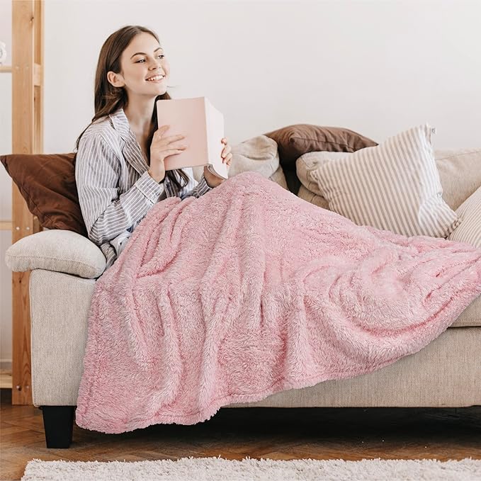 PAVILIA Sherpa Throw Blanket for Couch Sofa, Light Pink Fluffy Warm Plush Blanket for Bed, Cozy Super Soft Lightweight Throw, Fuzzy Decorative Blanket, All Season Home, 50x60