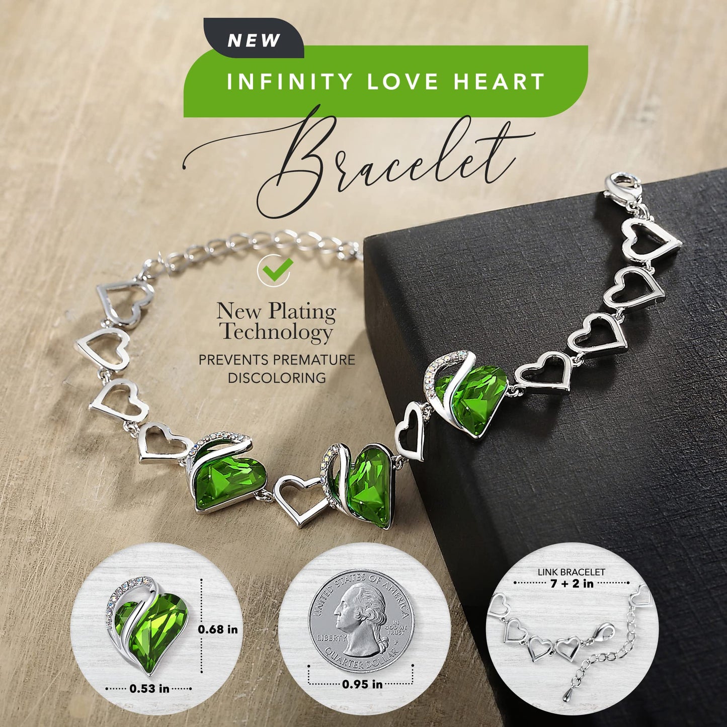 Leafael Infinity Love Heart Gift Bracelet for Women, August Birthstone Crystal, Peridot Green, Silver Tone, 7-inch Chain and 2-inch Extender