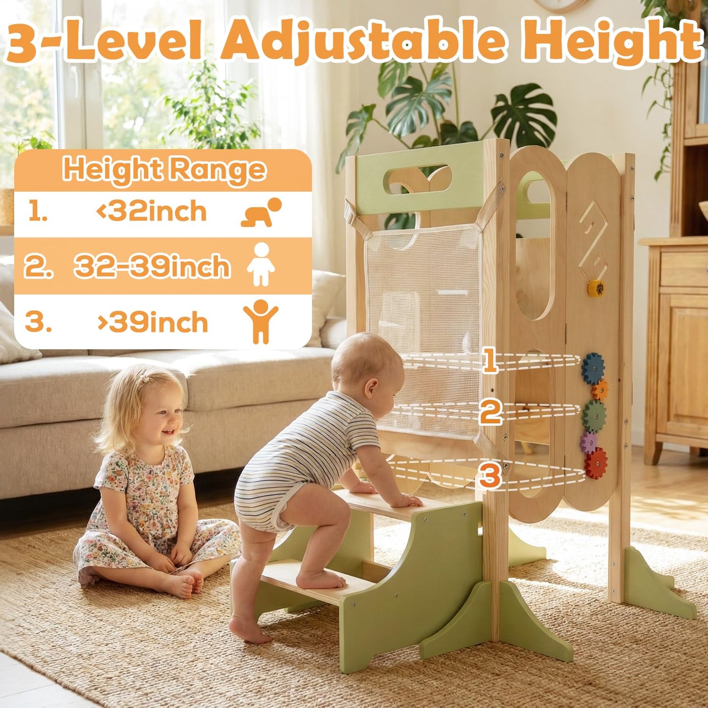 XYMERO 6 in 1 Toddler Tower with Removable Ladder, Foldable Wooden Kitchen Step Stool for Kids, Adjustable Children Helper Tower for Baby, Standing Tower with Safety Equipment and Black Board