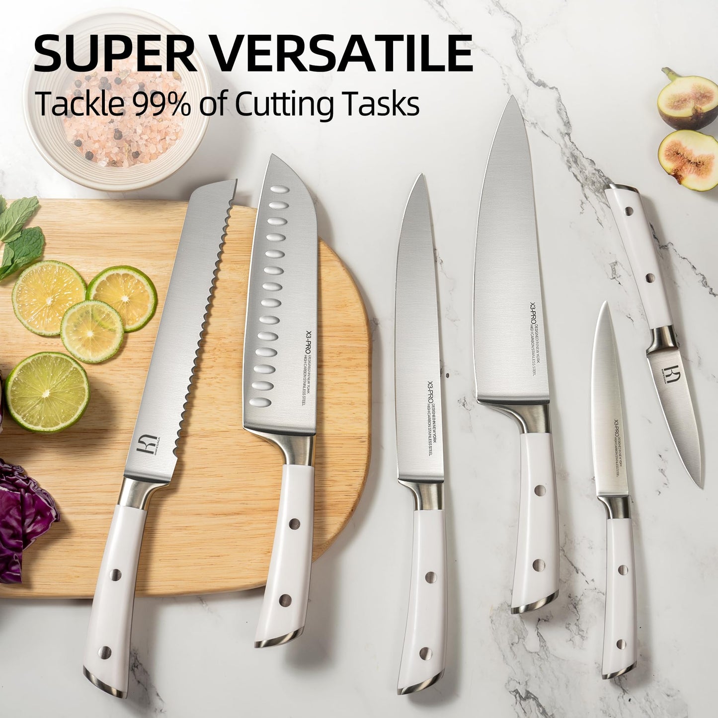 KnifeSaga Kitchen Knife Set Premium, Japanese High Carbon Stainless Steel 15 Pcs Enduring Ultra Sharp Knife Block Set with Sharpener and Wood Block, Professional White Chef Knives set for Kitchen