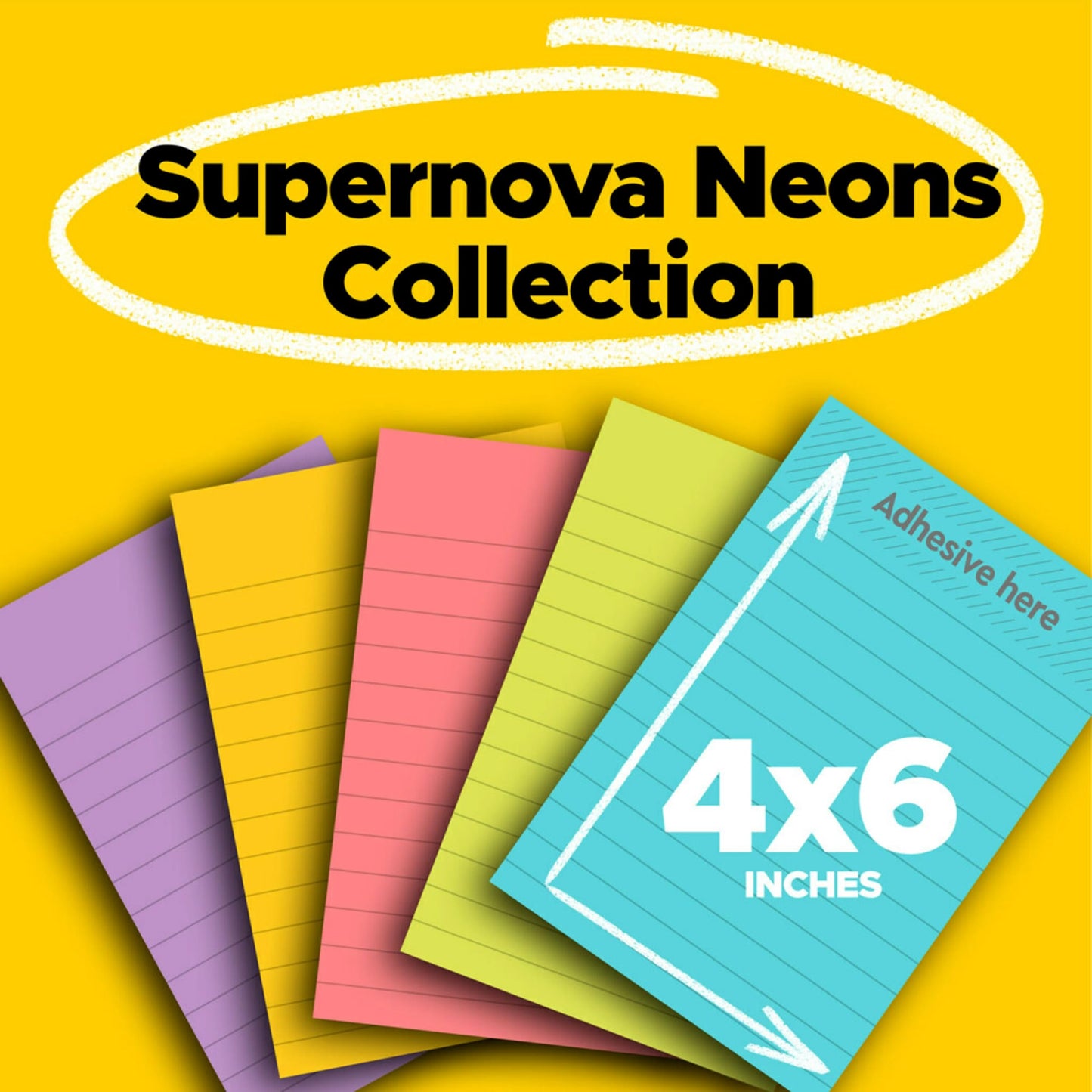 Post-it Super Sticky Lined Notes, 5 Sticky Note Pads, 4 x 6 in., School Supplies, Office Products, Sticky Notes for Vertical Surfaces, Monitors, Walls and Windows, Supernova Neons Collection