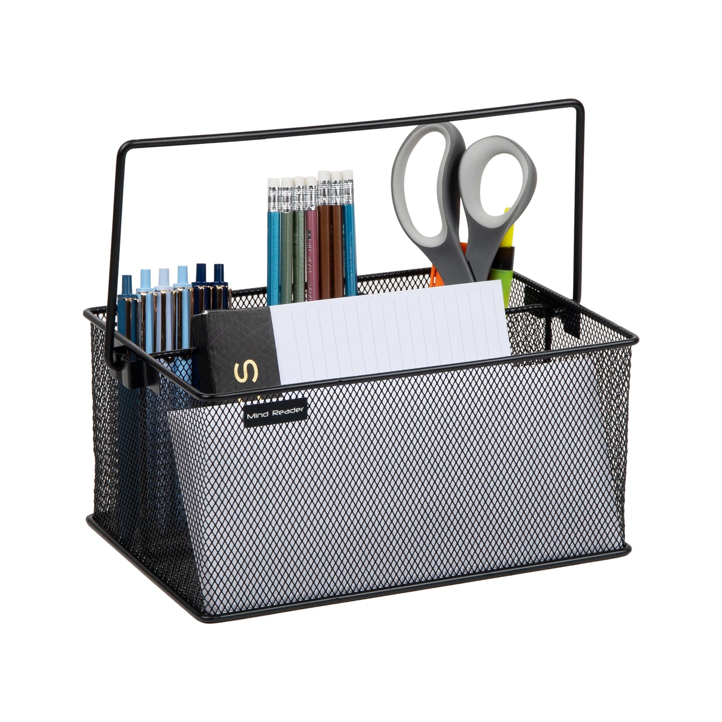 Mind Reader Multi-purpose Storage Caddy with Handle, Desktop Organizer, Cutlery Holder, 4 Compartments, Metal Mesh, Black