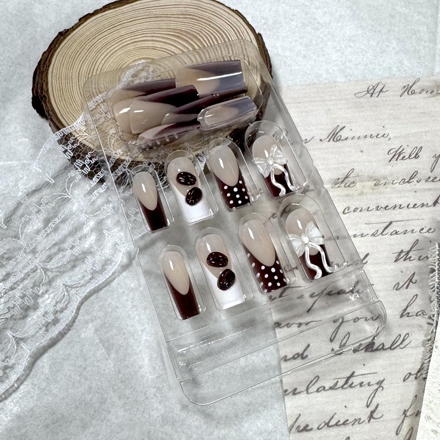 IMRAIN Square Press on Nails Long Fake Nails Brown French Tip False Nails with Polka Dot, Bow, Coffee Bean Design Reusable Artificial Handmade Stick on Nails for Women Manicure