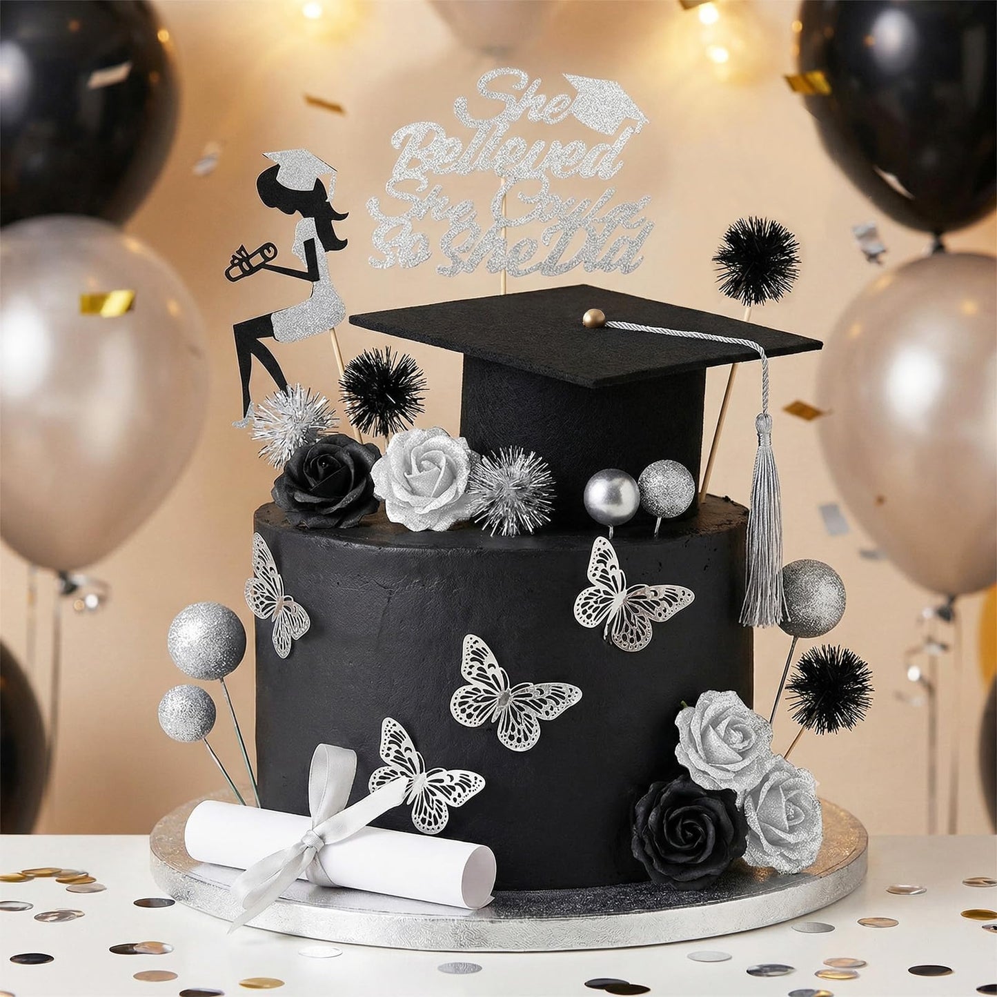 Heliltd 40PCS Graduation Cake Topper Set Black and Silver, Graduation Cake Decorations Kit with Cap Diploma Butterfly Ball Picks Flowers Firework Toppers Girl Silhouette for Class of 2026 Party