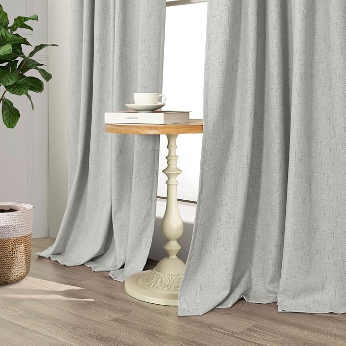 Gray Room Darkening Curtains 96 Inches Long for Living Room 2 Panels Faux Linen Back Tab Pleated Puddle Length Thermal Insulated Medium Gray Light Weight Blackout Curtains for Bedroom 8ft Light Grey