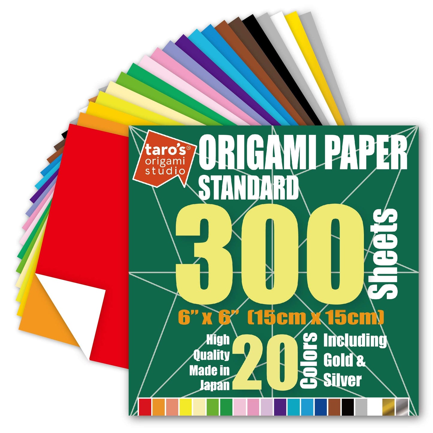 [Taro's Origami Studio] Standard 6 Inch One Sided 20 Colors 300 Sheets Square Easy Fold Premium Japanese Paper for Beginner (Gold and Silver Included) Made in Japan