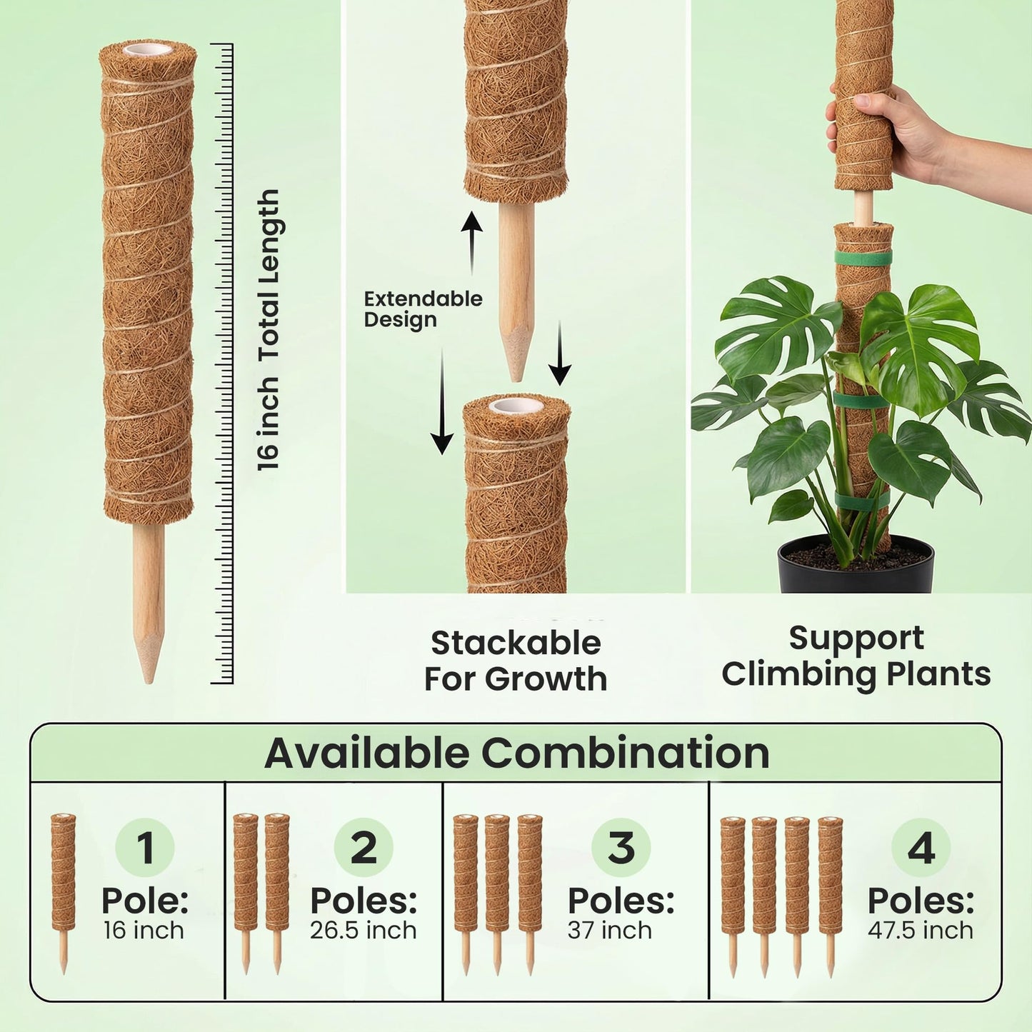 4 Pack 16" Moss Pole Monstera Plant Support - Stackable up to 48" - Plant Stakes for Indoor Climbing Plants Potted - Tall Coco Coir Pole Sticks & Accessories for Monstera, Pothos & Philodendron