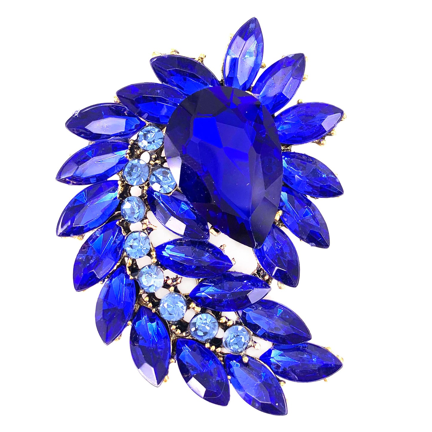 SELOVO Marquise Shape Rhinestone Red Leaf Costume Brooch Pin Jewelry Antiqued Gold Tone (Blue)