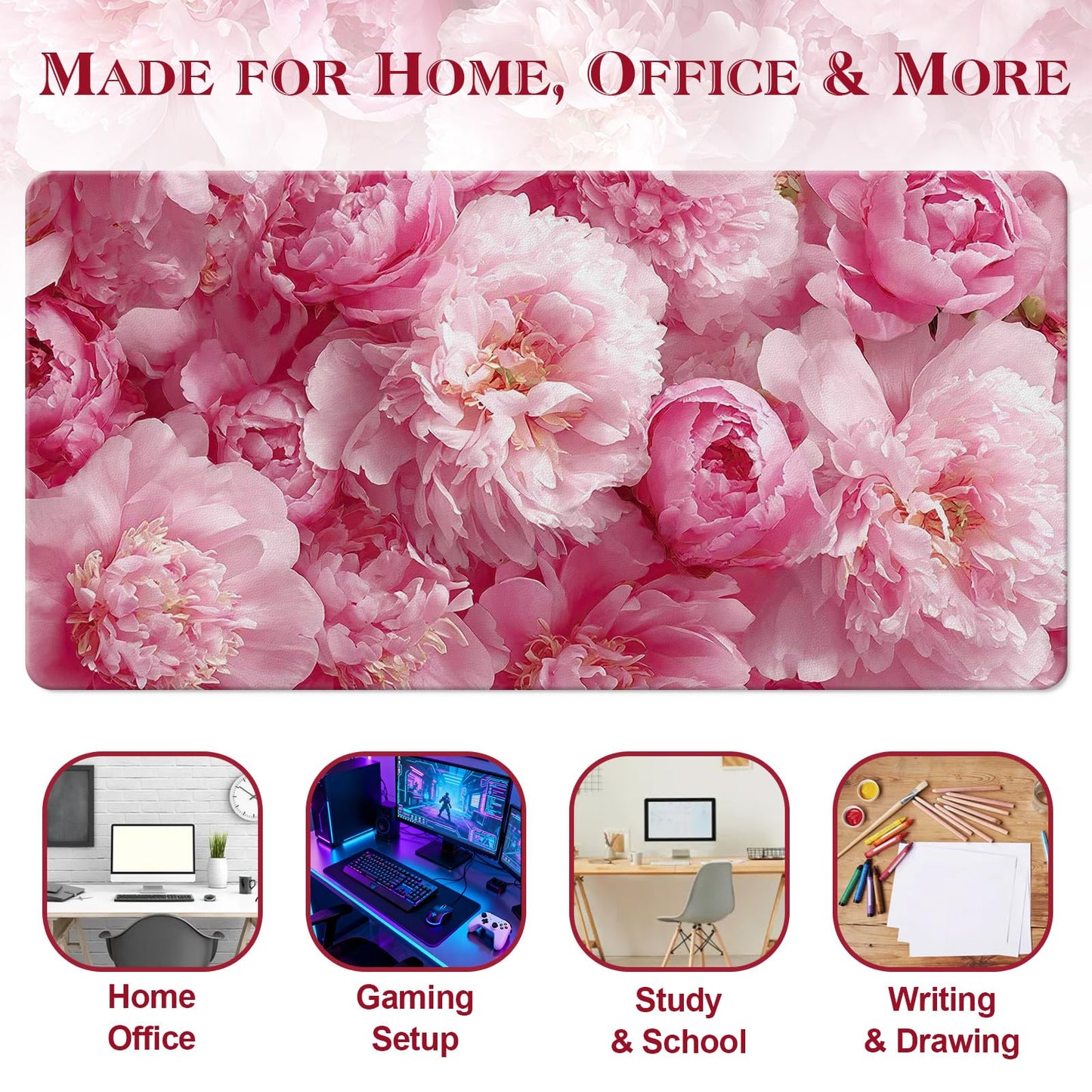 UGYAZX Desk Mat Desk Pad for Keyboard and Mouse, 31.5 x 15.7 in, Pink Peony Floral PU Leather Computer Protector, Non-Slip Base, Waterproof, Easy Clean for Office Gaming, Mouse Pad