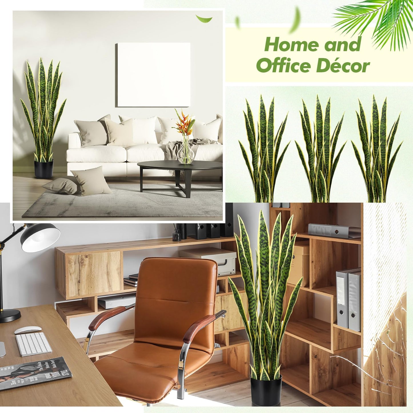 Crowye 4 Pack 3.15 Ft Tall Artificial Snake Plant Faux Sansevieria Plant Large Fake Snake Bulk in Pot for Home Office Housewarming Gift