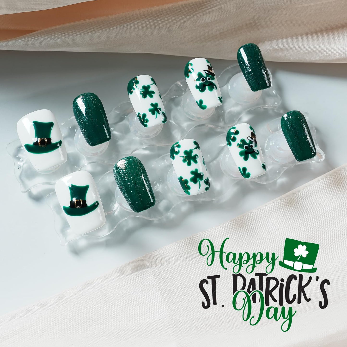 Tesytto Medium Coffin Press On Nails, Green Glitter & White Fake Nails with 3D Green Hat & Clover Print, Handmade Acrylic Nails Glossy Full Cover False Nails (Size M)