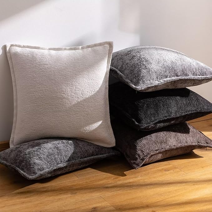 Black Decorative Throw Pillow Covers 16x16 Inch Set of 2 Cozy Soild Chenille Cushion Cases Soft Textured Square Couch Pillows Cover Boho Accent Farmhouse Pillowcases for Sofa Bed