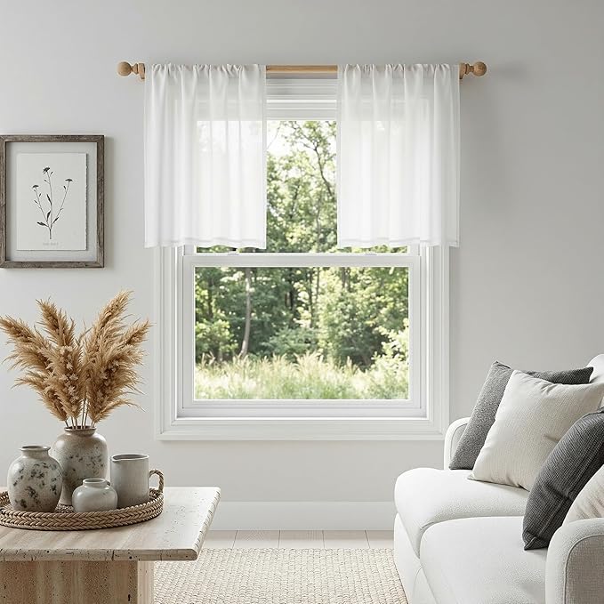 MYSKY HOME White Curtains 24 Inch Long for Kitchen, Semi Sheer Light Filtering Window Panels Rod Pocket Valance Neutral Drapes for Small Window/Cafe/Bathroom Basement, Pure White 2 Panels, 34 in Wide