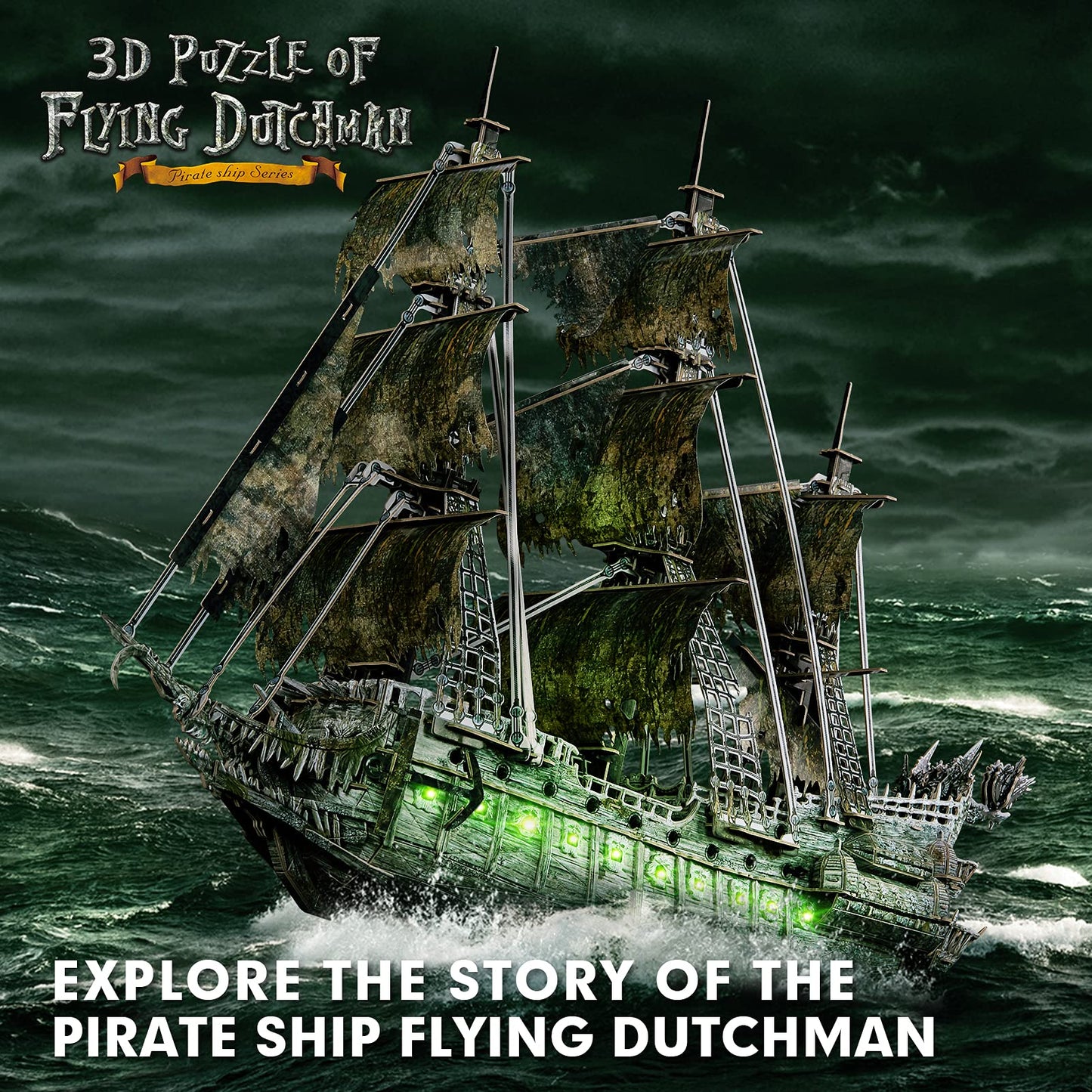 CubicFun 3D Puzzles for Adults Green LED Flying Dutchman, 360 Pieces Pirate Ship Arts & Crafts for Adults Gifts for Men Women Model Kit, Lighting Ghost Ship Easter Gift for Him