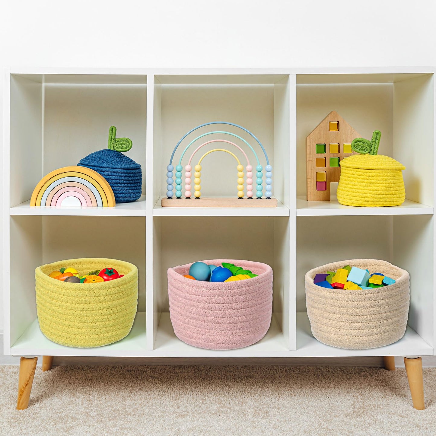 uxcell Green Small Cotton Rope Woven Storage Basket, Shelf Closet Storage Gift Woven Baskets Cute Nursery Box Bin Decor Organization Bin for Home Supply, Round, 5.6x3.6