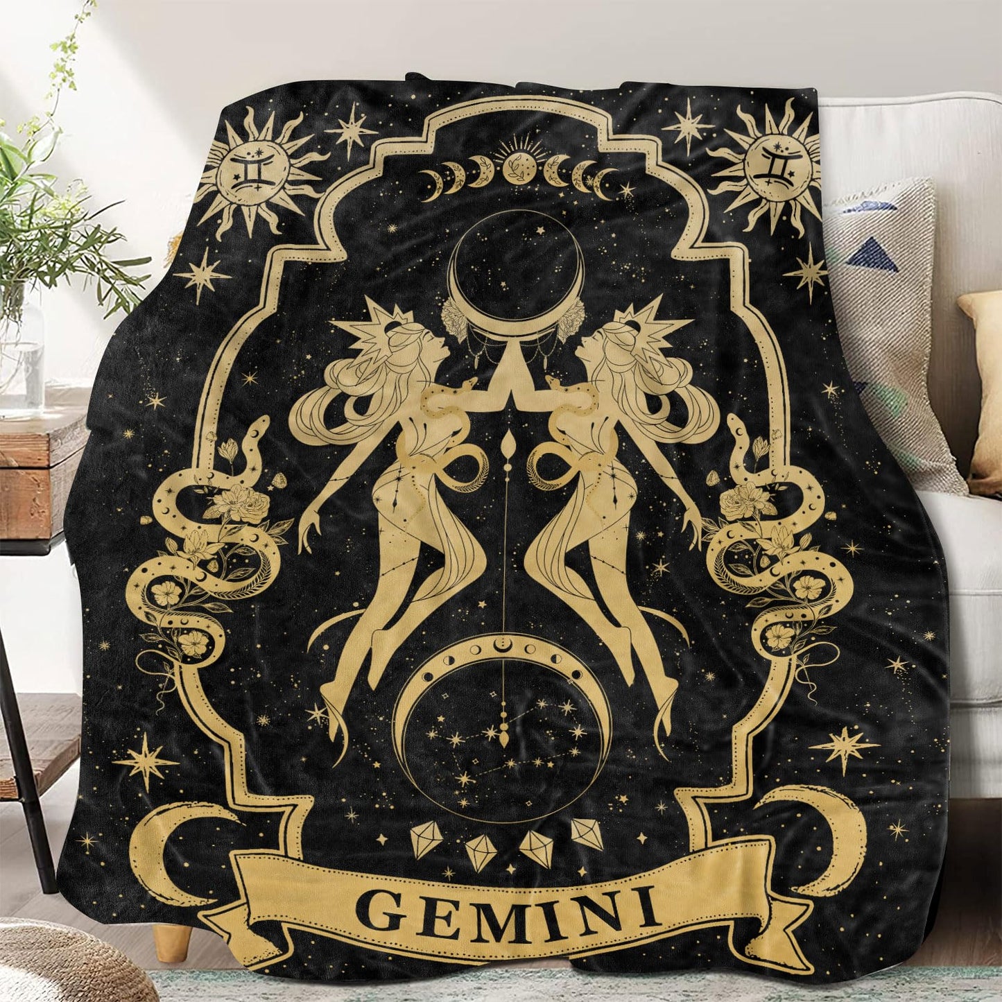 Gemini Zodiac Moon Constellation Throw Blanket, 60"X50", Soft Blanket for Women, Astrology Decor, Witchy Birthday Gifts, Gothic Style