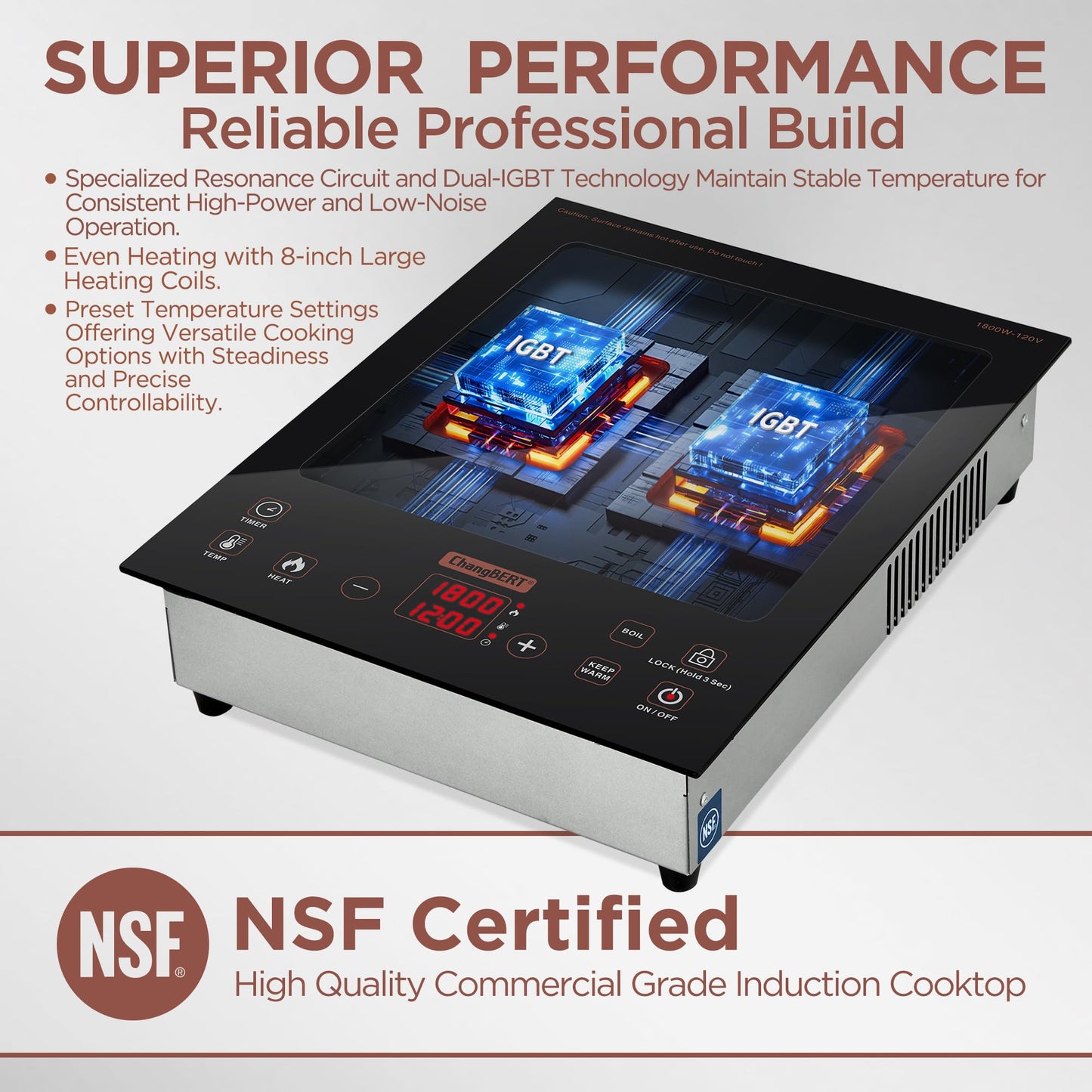 ChangBERT Built-in & Countertop Induction Cooktop, NSF-Certified Commercial Grade Single Induction Burner, Large 8” Heating Coil, Low Noise, Precise Temperature Control for Apartments RVs Food Station