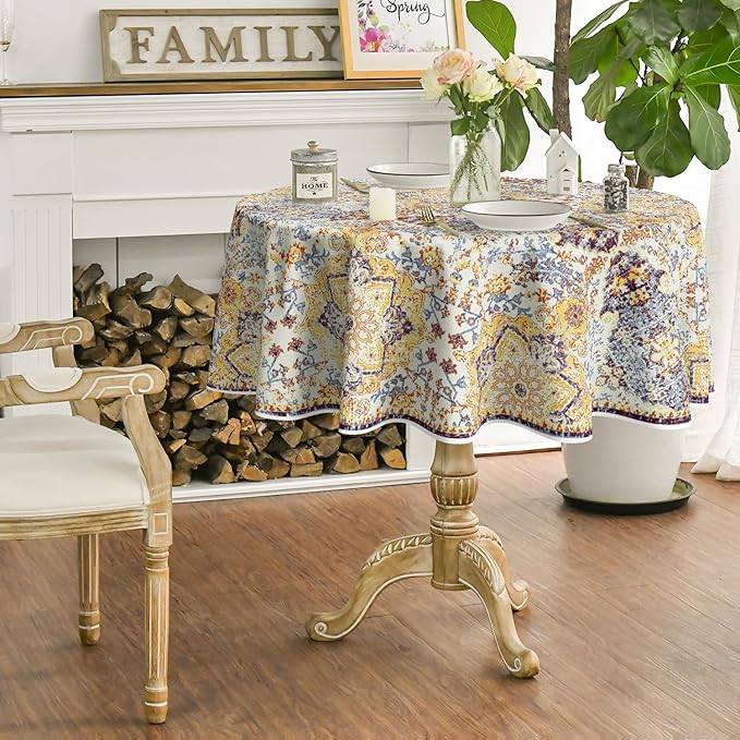 Horaldaily Boho Bohemia Style Tablecloth 70×70 Inch Round, Yellow Vintage Country Rustic Farmhouse Magical Fall Orange Washable Seasonal Table Cover for Party Picnic Dinner Decor