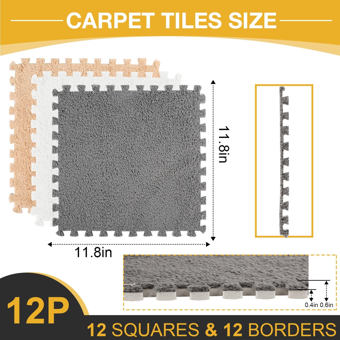 12 Pcs Plush Interlocking Carpet Tiles, Non-Toxic Foam Carpet Tiles for Toddler Baby, Anti-Slip, EVA Foam Interlocking Tiles for Floor, Nursery, Grey White Light Brown