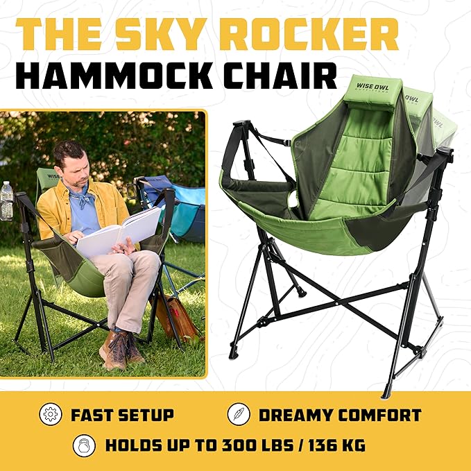 Wise Owl Outfitters Hammock Chair for Adults – Comfortable Portable Folding Rocking Camping Chair with Carry Bag – Great for Lawn, Campsite & Outdoors