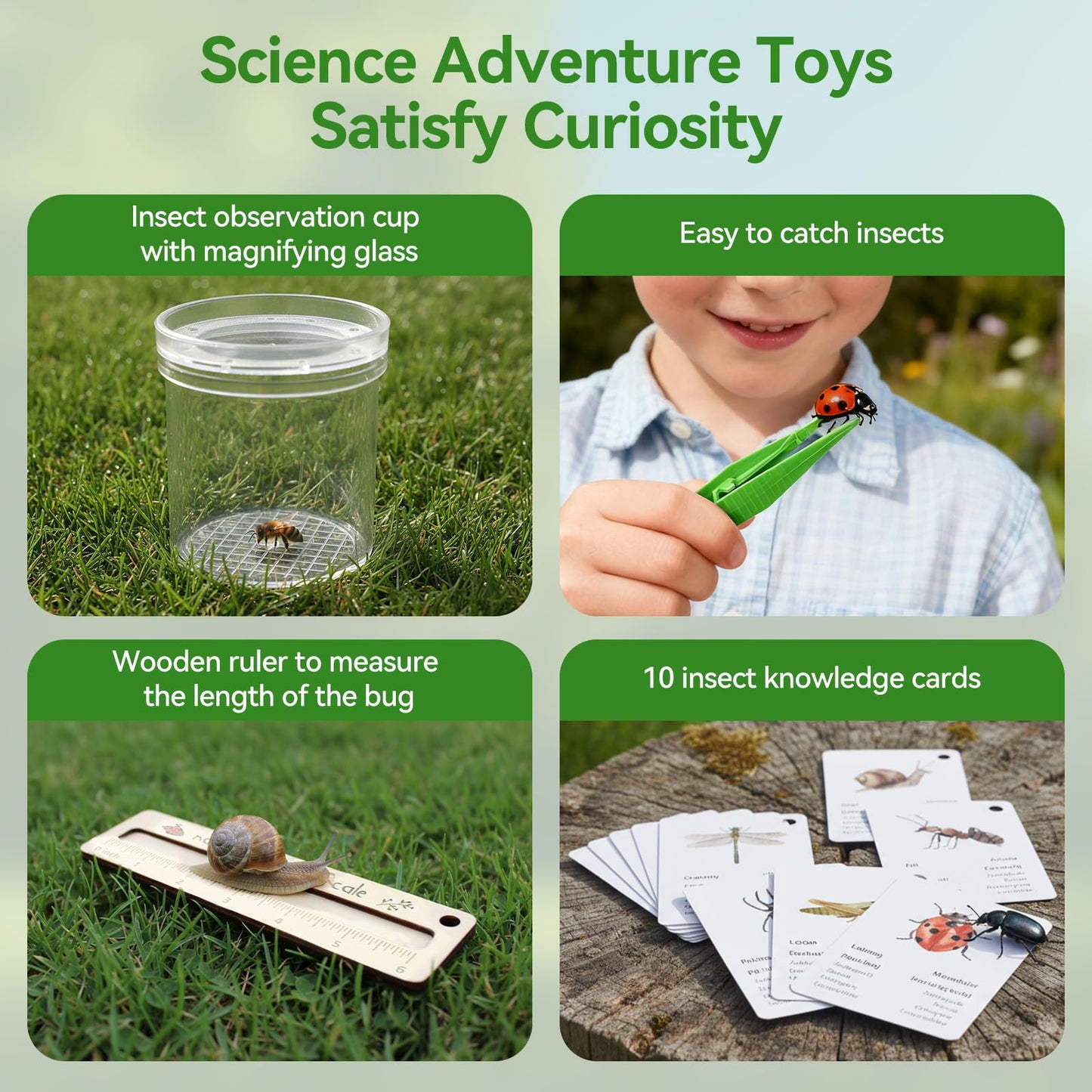 Wooden Bug Catcher for Kids, Tri-View Bug Viewer Kit, Top & Bottom Magnifiers, Insect Observation Container with Tweezers, Ruler & 10 Insect Cards, STEM Outdoor Explorer Toy