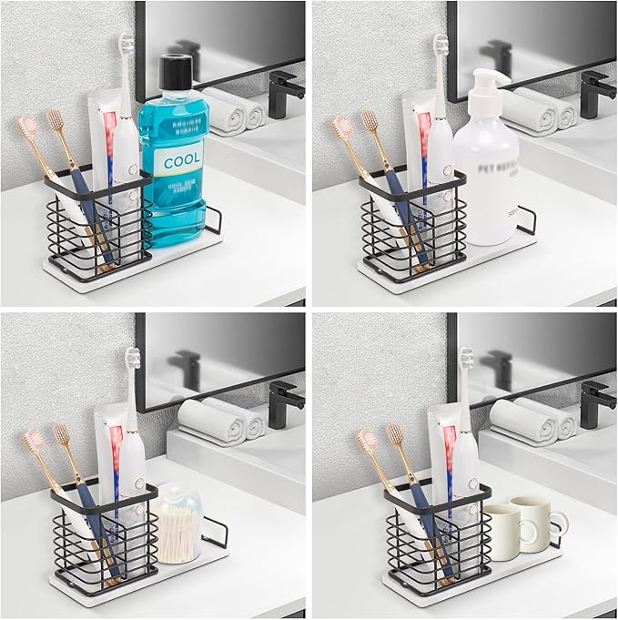 HarJue Toothbrush Holder, Luxurious Metal Toothbrush Toothpaste Holder with Marble Base for Bathroom, Multi-Slots Openwork Design, Bathroom Accessory for Storage and Organizer (Large, Matte Black)