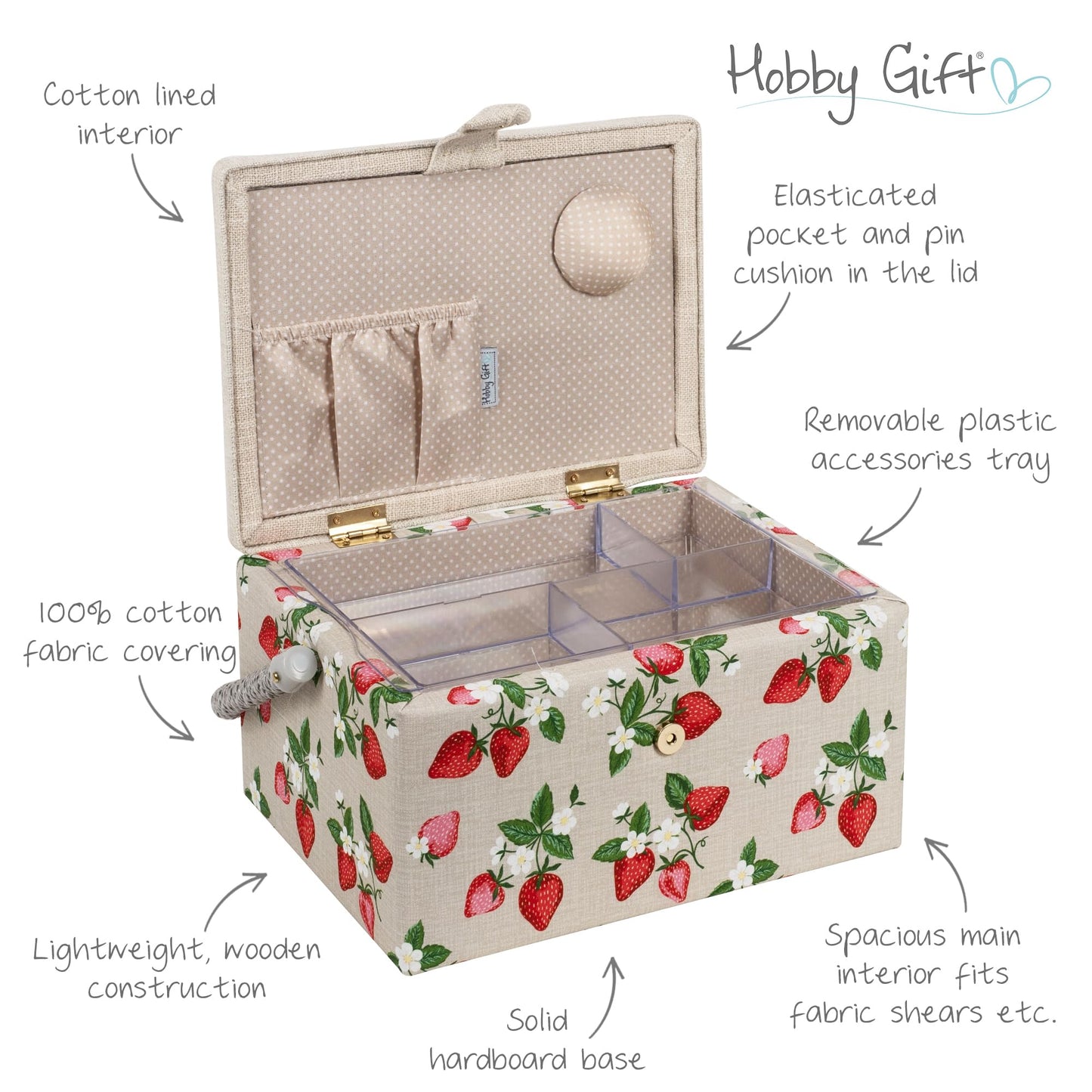 Hobby Gift Medium Sewing Box Craft Storage Box with Handle Internal Accessories Tray Pin Cushion and Pocket for Sewing Knitting and Hobby Supplies