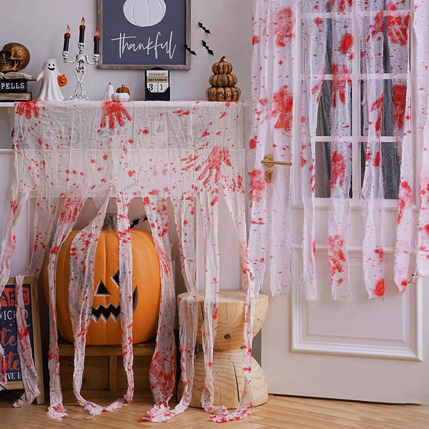 2 Pack Creepy Cloth Door Curtains with Bloody Hand Prints - Scary Halloween Decorations for Indoor & Haunted Houses