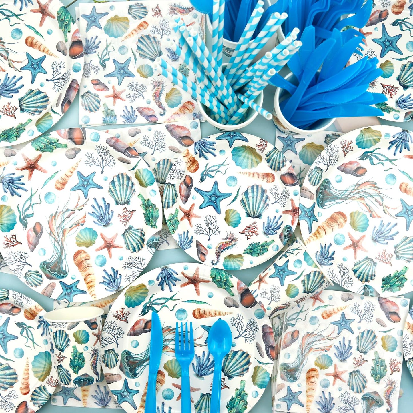 Obussgar Shells Birthday Party Decorations - Shells Party Supplies including Backdrop, Plate, Cake Topper, Cup, Napkin, Balloon, Tablecloth - Serves 20
