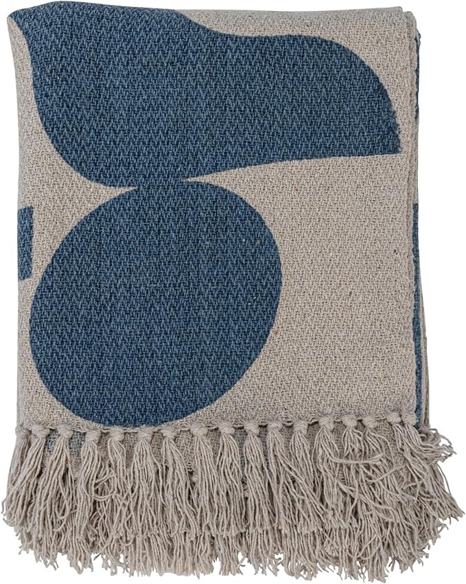 Bloomingville Woven Reclaimed Cotton Blend Printed Sheet with Abstract Design and Fringe, Blue and Beige Throw Blanket