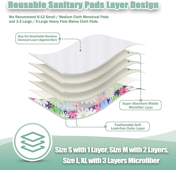 wegreeco Reusable Menstrual Pads - Reusable Sanitary Pads | Reusable Panty Liners | Soft Cloth Menstrual Pads - 6 Pack with 1 Cloth Mini Wet Bag (Large, Mix Prints)