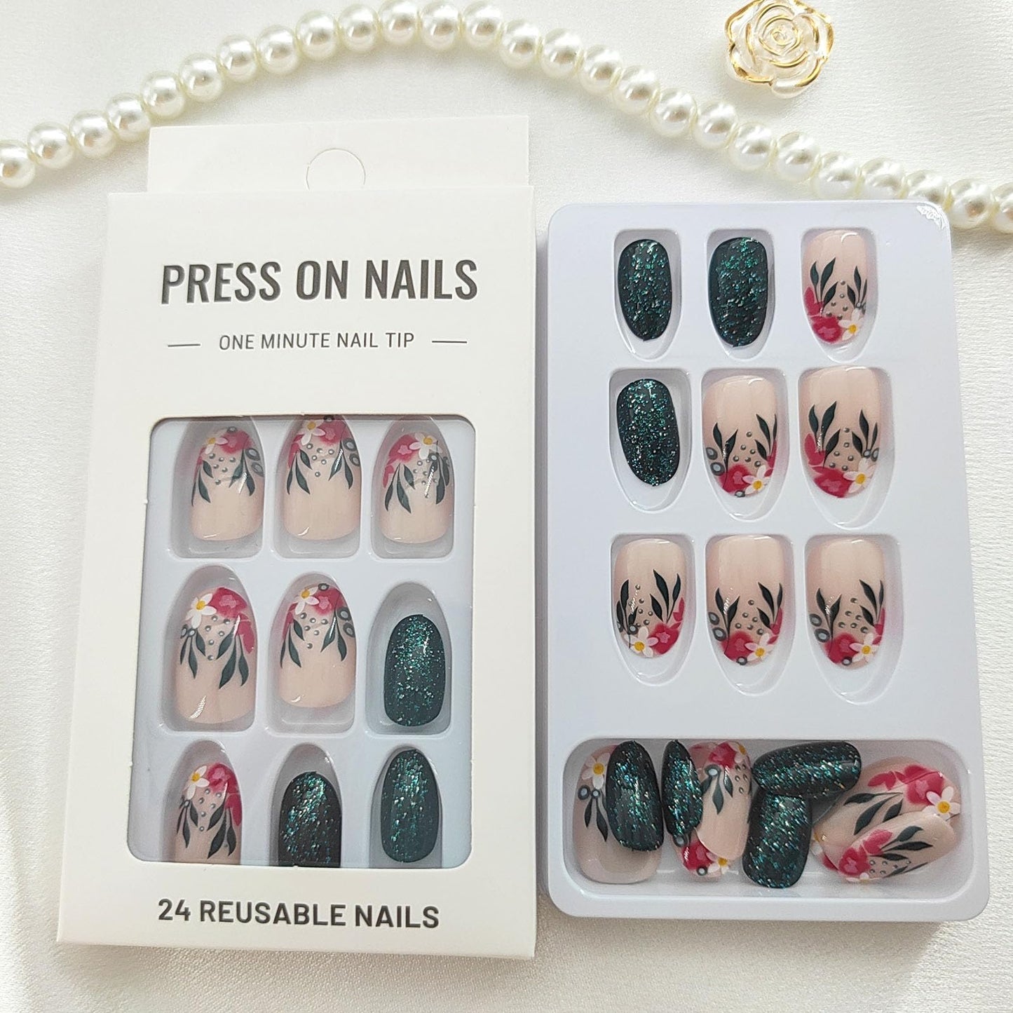 FOLONRAL Short Press on Nails Almond Fake Nails with Floral Patterns Designs Dark Green Glitter Acrylic Nails Nude Full Cover Glue on Nails Glossy Stick on Nails for Women 24 Pcs
