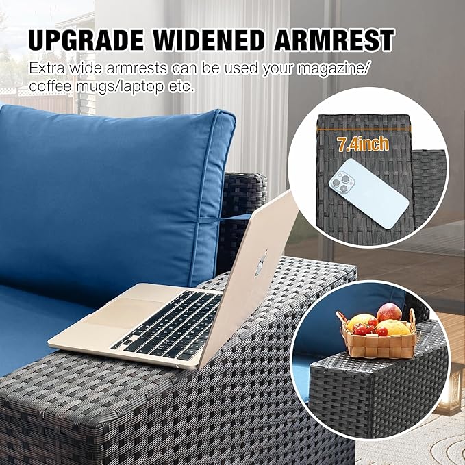 9 Pieces Patio Furniture Set All-Weather Outdoor Wicker Sectional Conversation Sofa Rattan Patio Seating Sofa with Cushion and Glass Table for Porch Poolside,Peacock Blue