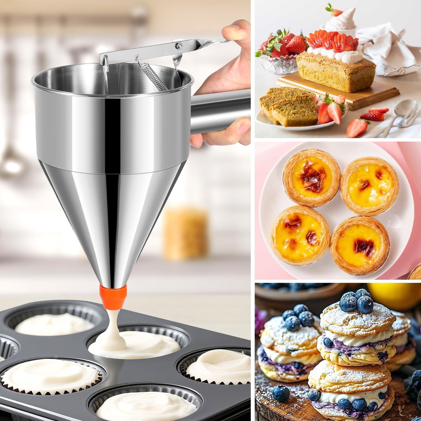 Babcarriery Pancake Batter Dispenser 40 OZ - Funnel Cake Dispenser With Stand, Stainless Steel, Leak-Proof Nozzle & Squeeze Handle, Precise Control, for Pancakes, Waffles, Cupcakes & Baked Goods