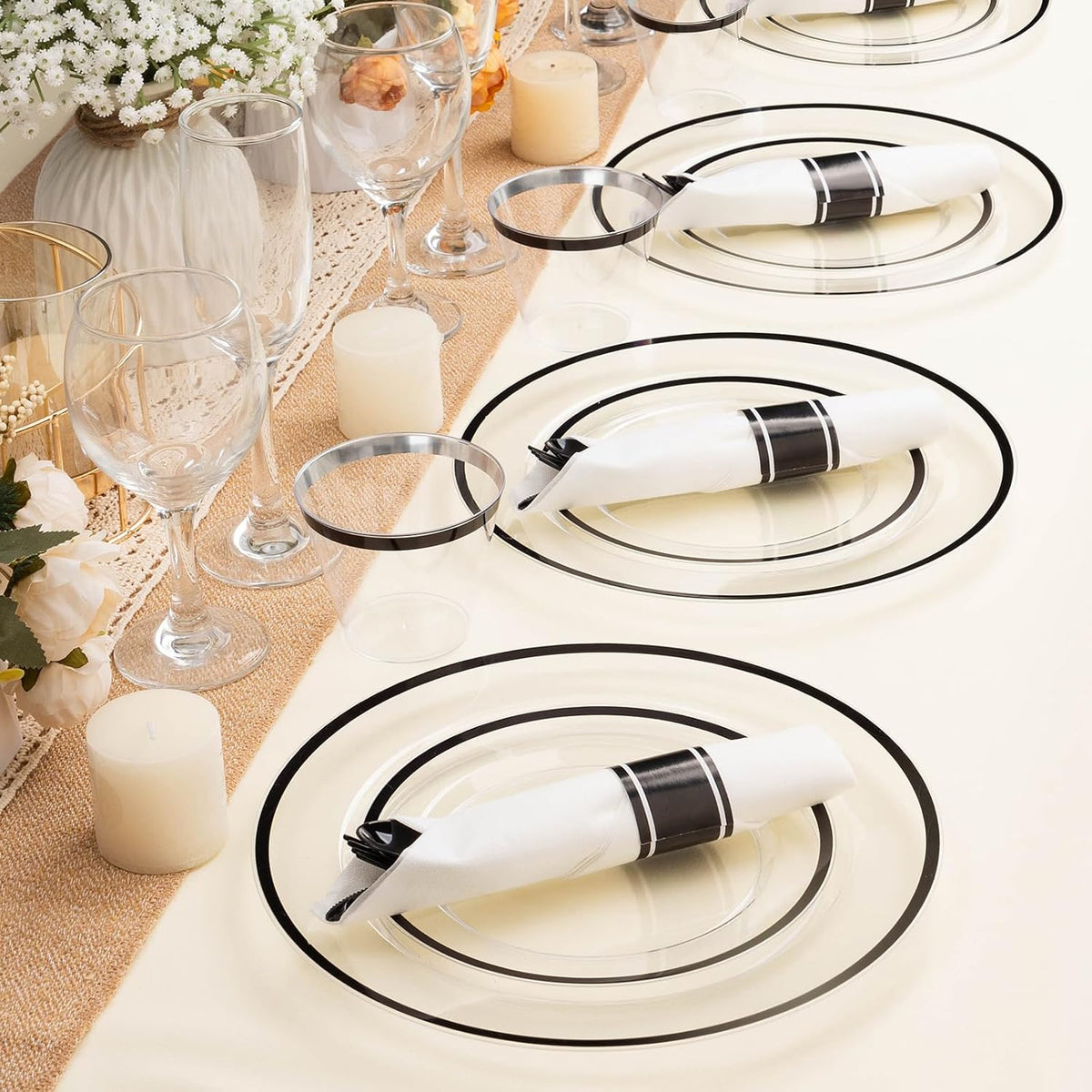 700PCS Clear Black Disposable Plates Set for 100 Guests, 200 Plastic Plates, 100 Plastic Cups, 100 Pre-Rolled Napkins with Cutlery for Party, Christmas, Birthday, Wedding, Thanksgiving, Halloween