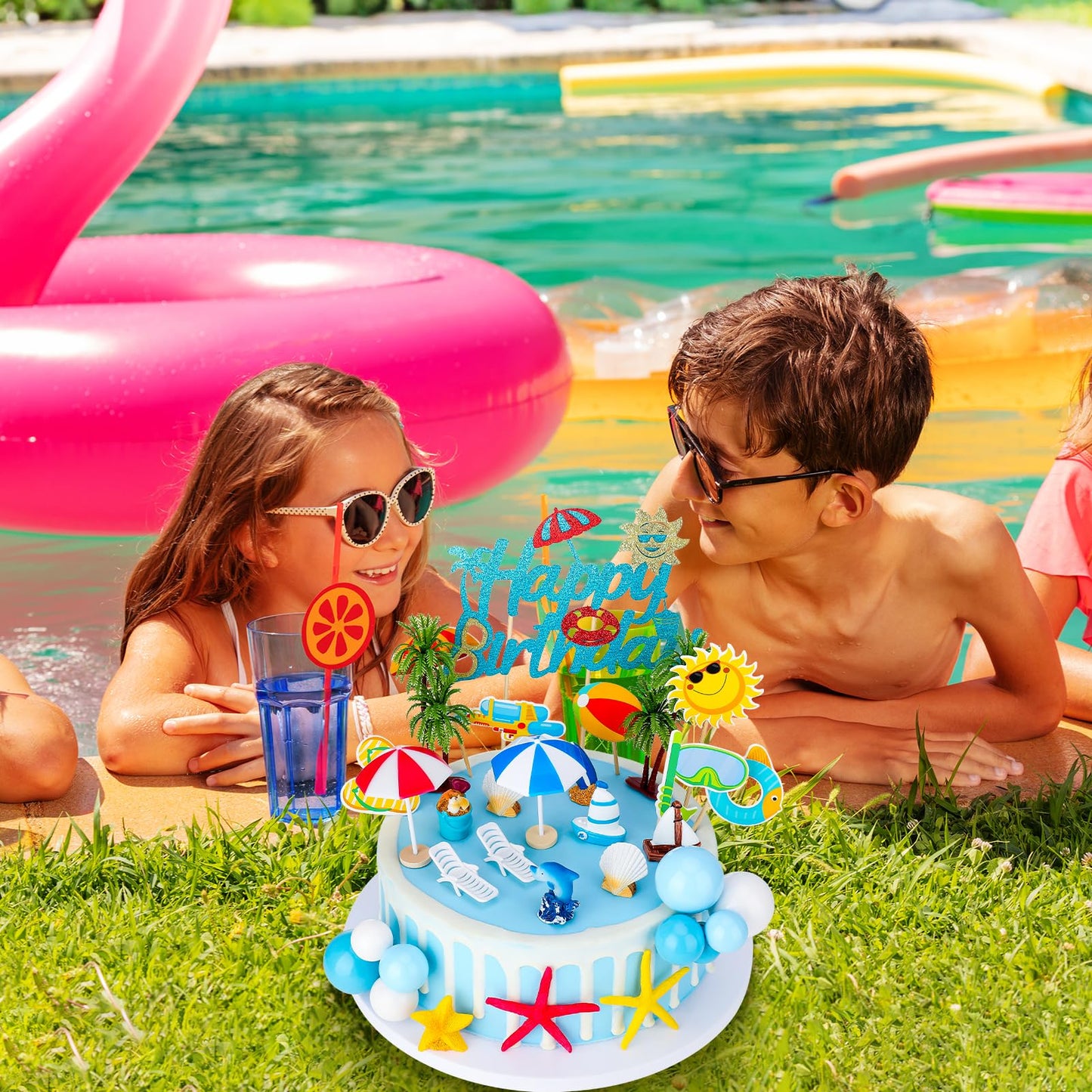 Guiqulai 33Pcs Summer Beach Cake Toppers, Hawaiian Ocean Pool Party Decorations for Birthday Cakes & Cupcakes, Tropical Blue Surfboard Starfish Coconut Tree Mini Figurines