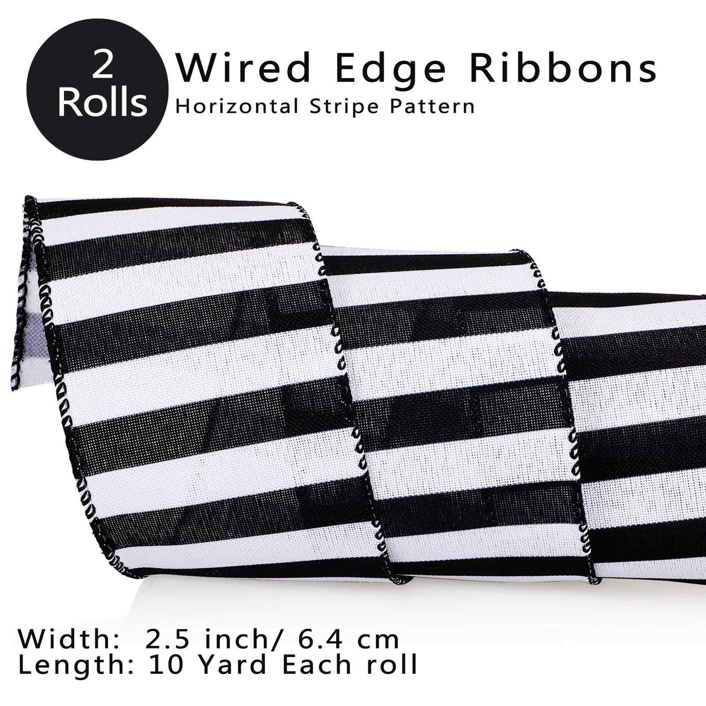 Chuangdi 2 Rolls 20 Yards 2.5 Inch Black and White Wired Ribbon Stripe Burlap Wired Ribbon for Gift Wrapping Craft Wreath Bows Fall Christmas Decor