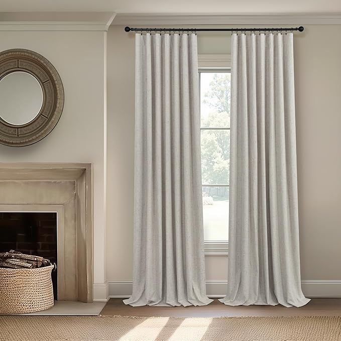 Black Out Linen Curtains 108 Inches Long for Living Room 2 Panels Set Total Blackout Flax Pleated Drapes Back Tab Neutral Boho Ceiling Floor 108 Inch Window Curtains Bedroom Cottage Core Stone Taupe