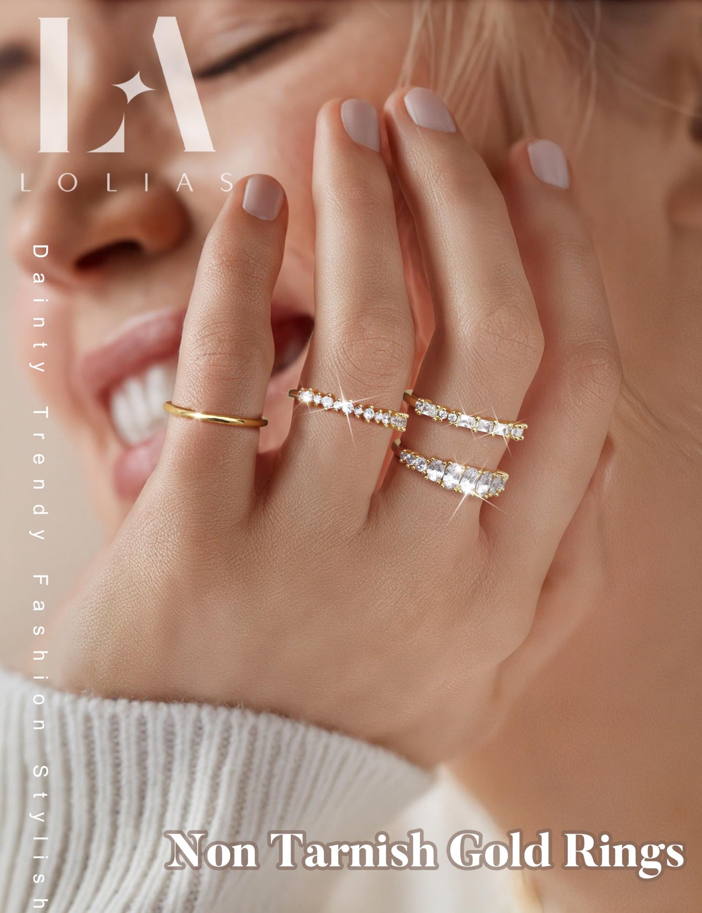 LOLIAS 14K Gold Plated Stackable Rings for Women Non Tarnish - Dainty Cubic Zirconia Wedding Bands Ring Set Minimalist Trendy Statement Engagement Promise Thumb Rings Stacking Size 5-10 Size 10