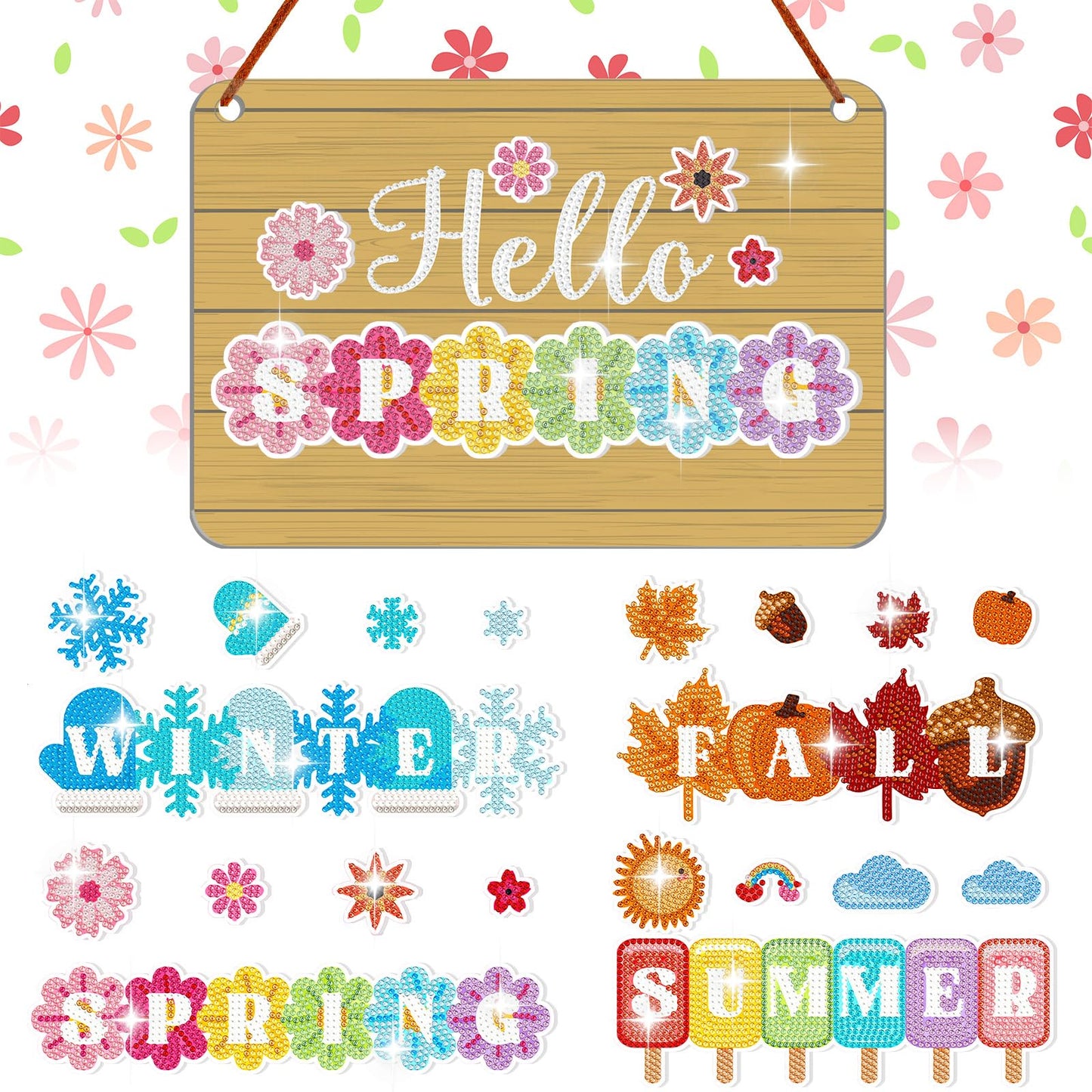MiniInflat Hello Spring Interchangeable Sign Seasonal Diamond Art Painting Kits with 20 Interchangeable Magnetic Decor Farmhouse Spring Wall Hanging Diamond Painting Sign for Home Decoration(Brown)