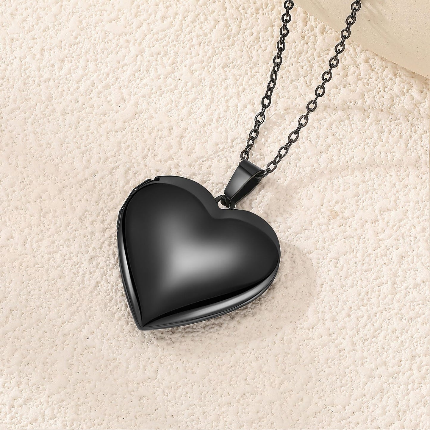 PHOCKSIN Black Glossy Personalized Heart Locket Necklace Custom Photo Locket Necklace for Women Picture Locket Pendant Necklace Text & Symbols Engraved Customized Lockets for Women
