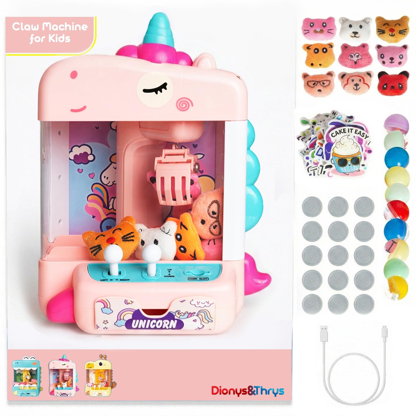 Claw Machine for Kids - Mini Arcade Game - Vending Machine - Candy Grabber Toys - Silent Mode, Lights, USB - Plush Toys & Easter Eggs, Surprise Stickers - Fun Gift for Kids, Boys & Girls (Unicorn)