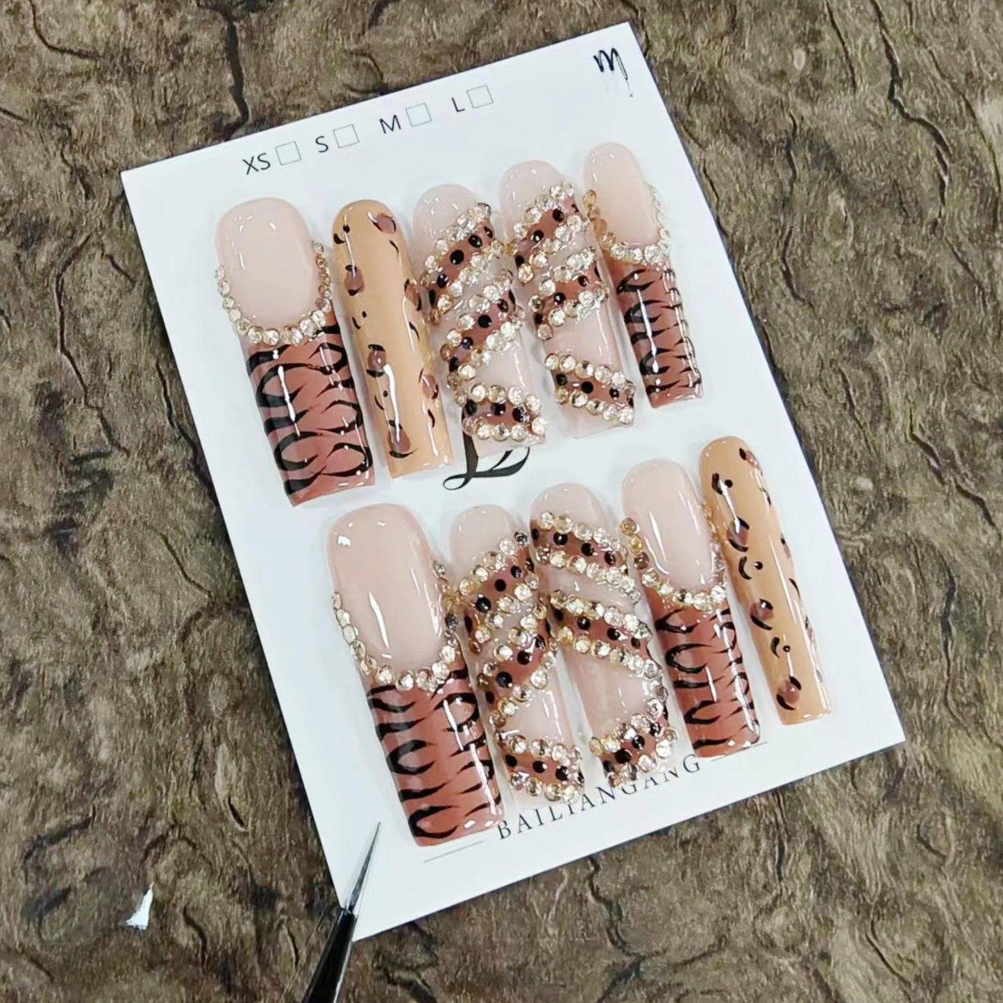 Handmade Press on Nails Extra Long Square Nails Press ons French Tip Leopard Fake Nails with Sparkly Rhinestones Designs False Nails Luxury Full Cove Acrylic Stick on Nail for Women DIY (Size M)
