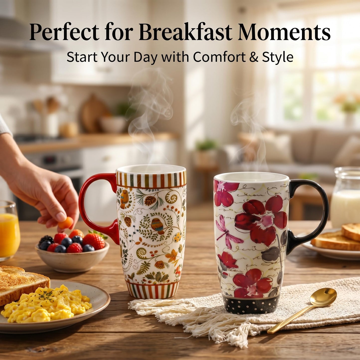 Topadorn Ceramic Coffee Mug Set of 2, 17 Oz Tea Cups with Handle and Lid for Latte, Tea, Cappuccino, Milk, Cocoa, Microwave&Dishwasher Safe, Flowers and Forest