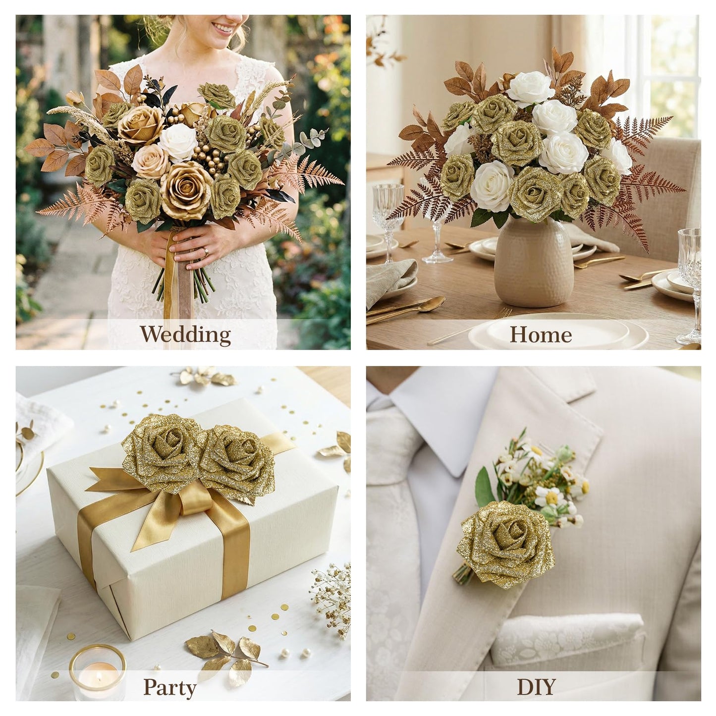 MACTING 30PCS Artificial Flowers Real Touch Foam Roses with Stem Fake Glitter Flowers for DIY Wedding Bouquet Table Centerpieces Party Holiday Wreath Home Graduation Decorations,Gold