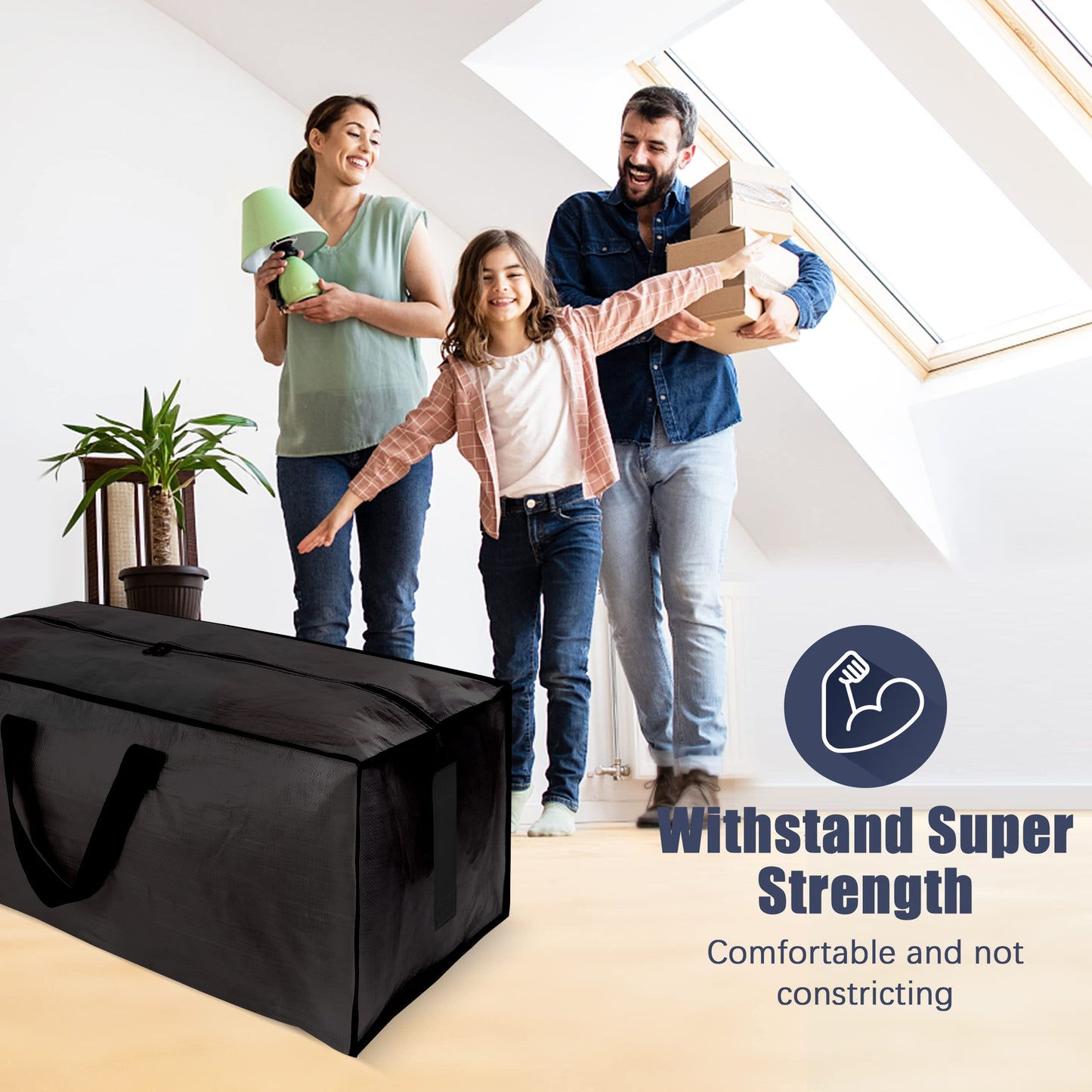 HOMESURE 4 Pack Large Strong Moving Bags with Zippers & Carrying Handles - Water-Resistant - Heavy Duty Storage Tote for Space Saving Moving Storage, Fold Flat, Alternative to Moving Box (Black)