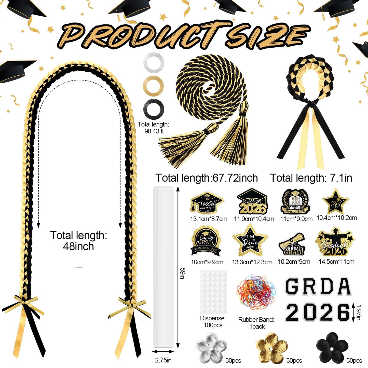 Graduation Candy Lei Making Kit Class of 2026 DIY Lei PE Bags Tubing Money Leis 2026 Graduation Ribbon Necklace Include 2 x 5 ft PE Bags 90 Pcs Flower Accessories for Grad Party Supplies (Gold, Black)