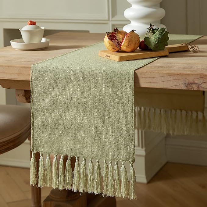 ZeeMart Sage Green Table Runners 90 Inches Long, Burlap Linen Style Rustic Farmhouse Table Runner, Long Boho Dining Table Runner, 13x90 Inches, Light Sage Green